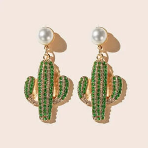 Green Cactus Dangle Earrings With Rhinestones, Stainless Steel Stud post